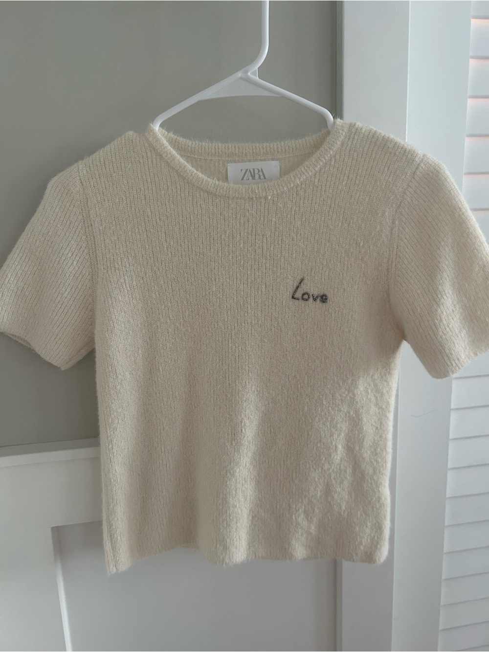 Zara Kids Cream Short-Sleeve Knit Top with 'Love' Embroidery